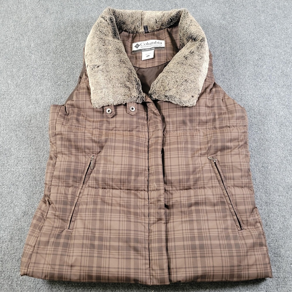 Columbia Vest Womens Large Plaid‎ Faux Fur Down Puffer Insulated Winter Warm